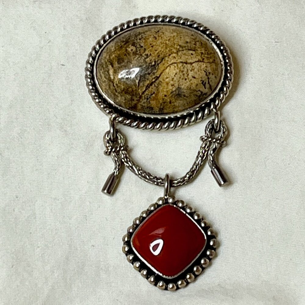 Pin / Brooch AND Pendant * Silver 925 & Polished Stones * Vintage * 2-1/2" Hang